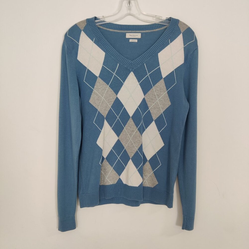 Van Heusen Men's Sweater Size S Cotton Argyle Blue Old Money Golf Tennis Preppy